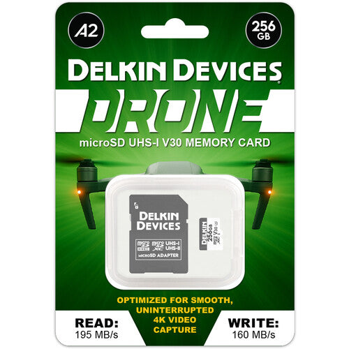 Delkin Devices 256GB microSDXC para Drone UHS-I V30 195MB/s con Adaptador SD