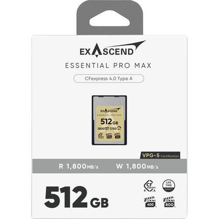 Exascend 512GB Essential Pro Max CFexpress 4.0 Tipo A Tarjeta de Memoria 1800 MB/s Lectura Escritura
