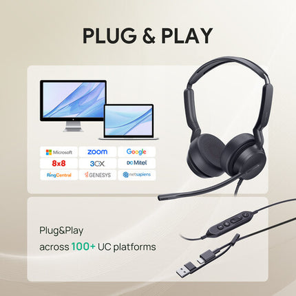 Yealink UH42 Auriculares estéreo USB-C con micrófono cancelación de ruido para Microsoft Teams