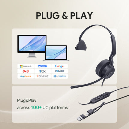Yealink UH42 Auricular Mono USB-C para Microsoft Teams con Micrófono AI y Almohadillas de Espuma