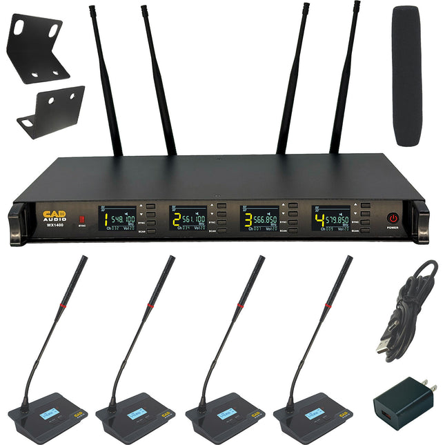 Sistema de micrófono inalámbrico CAD WX1400GN de 4 canales con alcance de 120 m y 50 frecuencias por canal