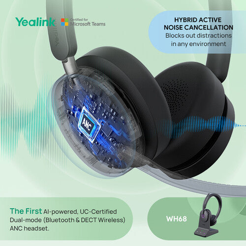 Yealink WH68 Auriculares Inalámbricos Estéreo DECT Bluetooth 32h Batería Adaptador USB