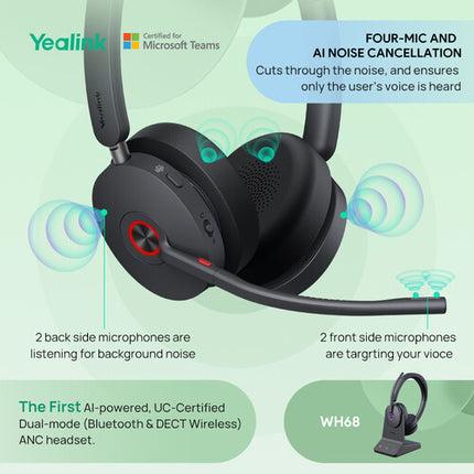 Yealink WH68 Auriculares Inalámbricos Estéreo DECT Bluetooth 32h Batería Adaptador USB