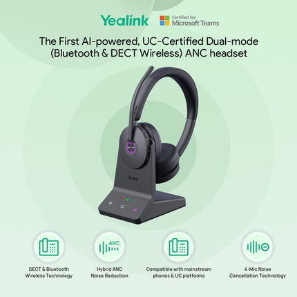 Yealink WH68 Auriculares Inalámbricos Estéreo DECT Bluetooth 32h Batería Adaptador USB