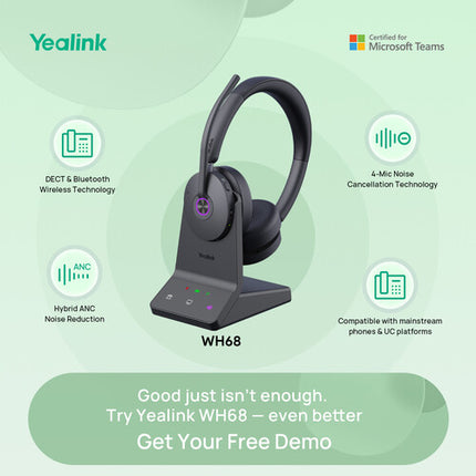 Yealink WH68 Auriculares Inalámbricos Estéreo DECT Bluetooth 32h Batería Adaptador USB