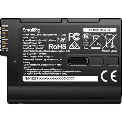 SmallRig EN-EL15C Batería USB-C para Nikon Capacidad 2600mAh Display LED