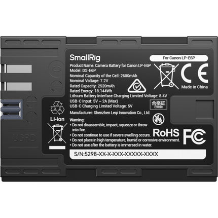SmallRig LP-E6P Batería USB-C para Canon 2600mAh 7.2V con Indicador LED