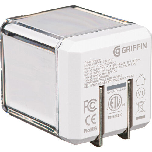 Griffin Technology Cargador de Pared Dual USB 20W Blanco USB-A y USB-C