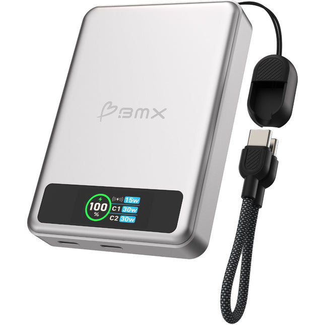 BMX SolidSafe Power Bank 10,000mAh 30W Carga Inalámbrica Magnético Plata