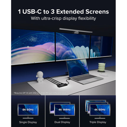 Adaptador USB-C a Triple HDMI Plugable 8K 60Hz 4K 144Hz para pantallas