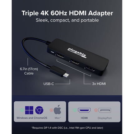 Adaptador USB-C a Triple HDMI Plugable 8K 60Hz 4K 144Hz para pantallas