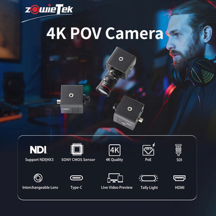 Zowietek Cámara POV NDI HX3 4K con lente 5-50mm y cargador USB-C 25W