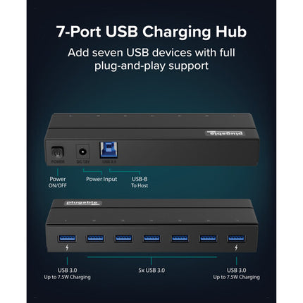 Plugable Hub USB 3.0 7 Puertos 5x 0.9A 2x 1.5A Adaptador 36W