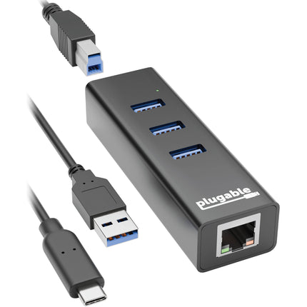 Plugable Hub USB 3.2 Gen 1 3 Puertos con Puerto Ethernet Gigabit y Cable USB-B a C 1.6'