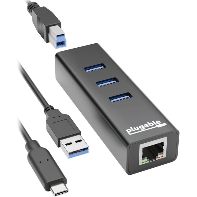 Plugable Hub USB 3.2 Gen 1 3 Puertos con Puerto Ethernet Gigabit y Cable USB-B a C 1.6'