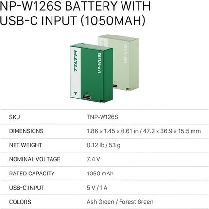 Batería Tilta NP-W126S para Fujifilm 1050mAh con entrada USB-C Verde Ash