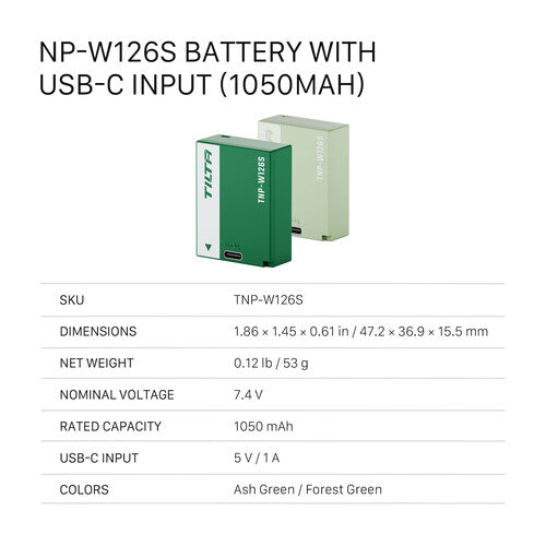 Tilta NP-W126S Kit para baterías 1050mAh con cargador USB-C doble verde ash
