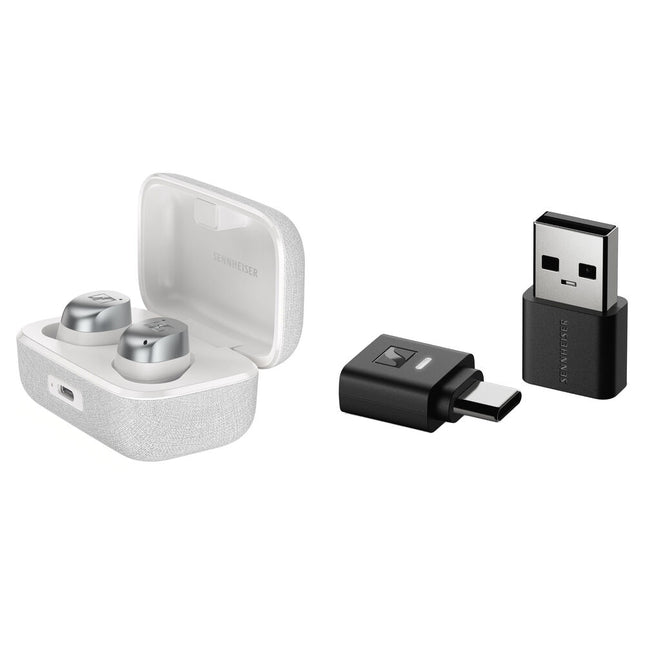 Sennheiser MOMENTUM True Wireless 4 Auriculares Inalámbricos con Adaptador Bluetooth BTD 700 Blanco Plata y Cancelación de Ruido