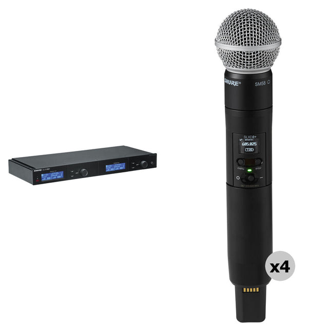 Shure SLXD4Q+ receptor inalámbrico digital cuádruple con cuatro transmisores SLXD2+ SM58 rango 138 MHz