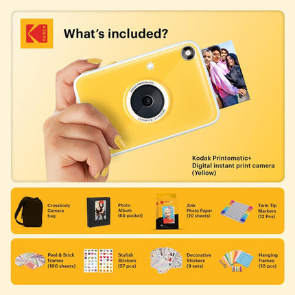 Kodak PRINTOMATIC+ Cámara Instantánea Digital 10MP con Papel ZINK 20 Hojas y Estuche Amarilla