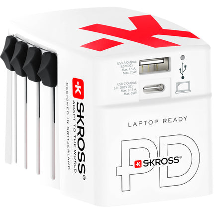 Adaptador de corriente mundial SKROSS 2 puertos 65W con cable USB-C