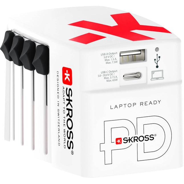 Adaptador de corriente mundial SKROSS 2 puertos 65W con cable USB-C