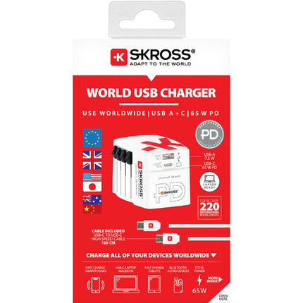 Adaptador de corriente mundial SKROSS 2 puertos 65W con cable USB-C