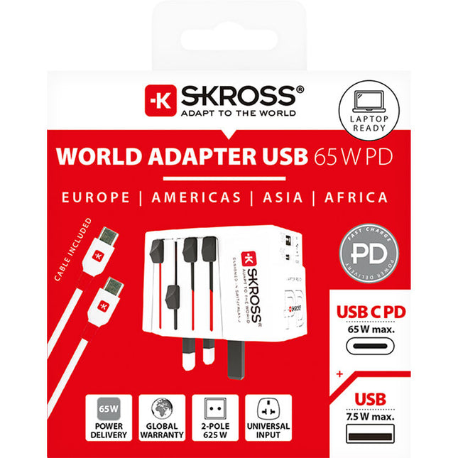 SKROSS MUV Adaptador de corriente mundial 65W USB-C y USB-A con cable USB-C