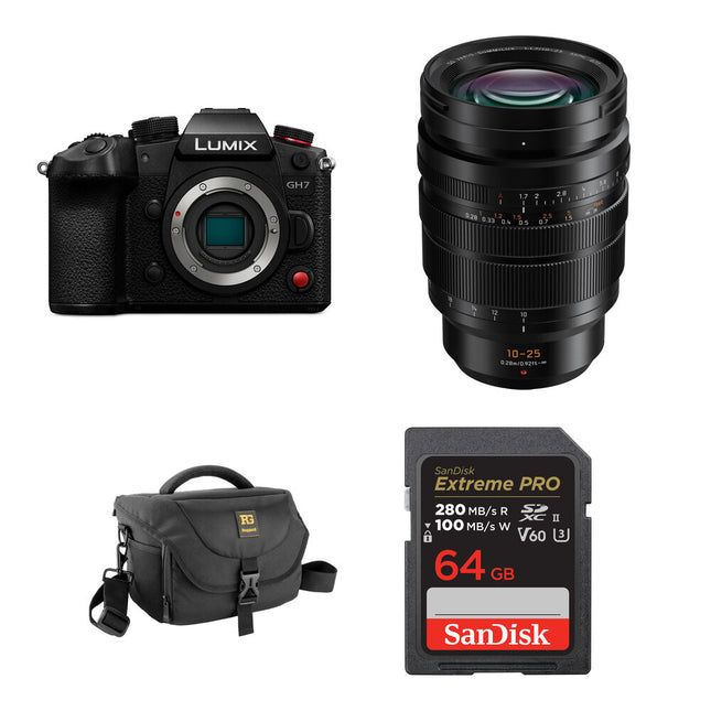 Panasonic LUMIX GH7 Cámara sin Espejo 25.2MP 4K60 con Lente 10-25mm f/1.7 y Kit Básico