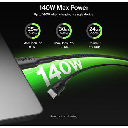Belkin BoostCharge Pro Cable USB-C trenzado 5' 140W carga doble durable