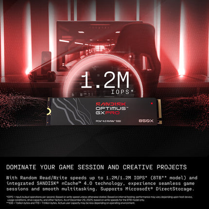 SanDisk 1TB Optimus GX PRO 850X SSD Interno NVMe PCIe 4.0 M.2 2280 7300MBs Lectura 6300MBs Escritura