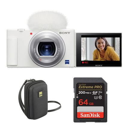 Cámara digital Sony ZV-1 con tarjeta 64GB y estuche protector blanco