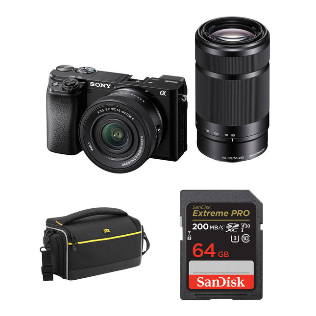 Sony a6100 Cámara sin Espejo 24.2MP Kit 16-50mm y 55-210mm con Bolsa y Tarjeta 64GB