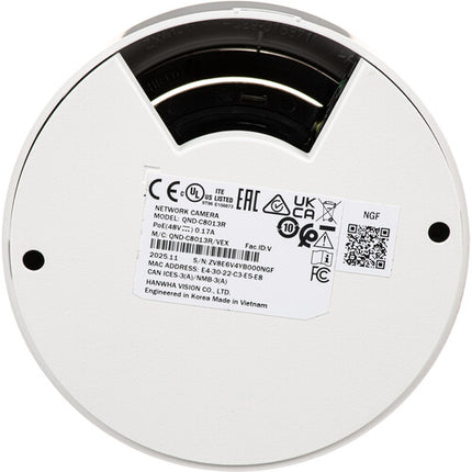 Hanwha Vision QND-C8013R Cámara Domo Interior 5MP 3mm IR Visión Nocturna 82ft