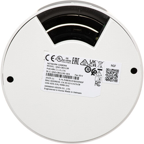 Hanwha Vision QND-C8013R Cámara Domo Interior 5MP 3mm IR Visión Nocturna 82ft