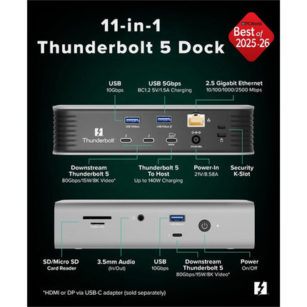 Plugable 11-in-1 Thunderbolt 5 Estación de Acoplamiento 140W con Soporte Dual 8K