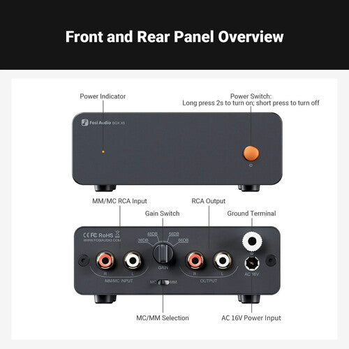 Fosi Audio Box X5 Preamplificador Tocadiscos Phono con 4 Ganancias y RIAA
