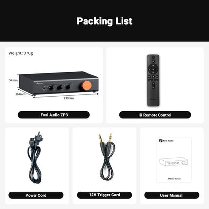 Fosi Audio ZP3 Preamplificador con Memoria de Volumen y Control de Tonos