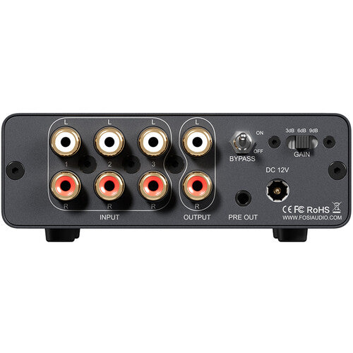 Fosi Audio P4 Mini Preamplificador con 3 Entradas RCA Control de Grave y Agudo Mando a Distancia