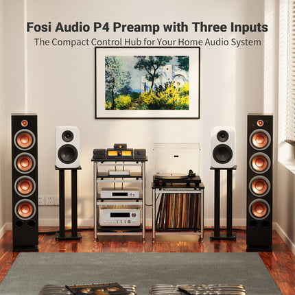 Fosi Audio P4 Mini Preamplificador con 3 Entradas RCA Control de Grave y Agudo Mando a Distancia