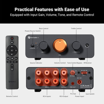 Fosi Audio P4 Mini Preamplificador con 3 Entradas RCA Control de Grave y Agudo Mando a Distancia