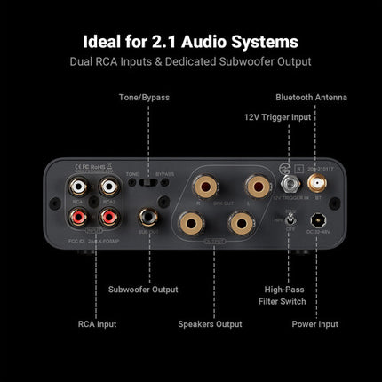 Fosi Audio BT20A MAX Amplificador 2.1 Canales 300W Pico Bluetooth Control Remoto IR