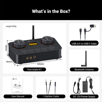 Fosi Audio K7 DAC y Amplificador para Auriculares con Bluetooth y Pantalla OLED 1.5 pulgadas