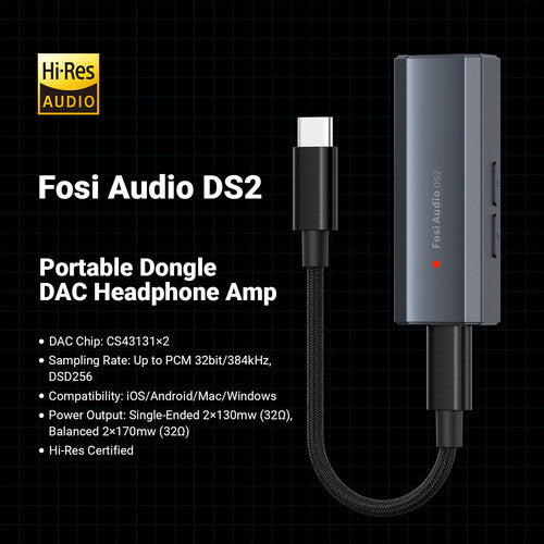 Fosi Audio DS2 DAC y amplificador portátil para auriculares USB con PCM 384 kHz DSD256