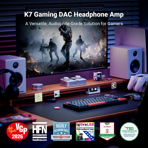 Fosi Audio K7 Amplificador auriculares y DAC de escritorio para gaming plata 32-Bit 384kHz con Bluetooth y pantalla OLED 1.5"