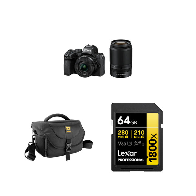 Nikon Z50 II Cámara sin Espejo 20.9MP 4K Lentes 16-50mm 50-250mm Kit Básico bolsa y tarjeta SD 64GB