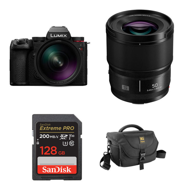 Panasonic LUMIX S5 II Cámara sin Espejo 24.2MP 6K con Lentes 24-60mm f/2.8 y 50mm f/1.8 y Kit Básico