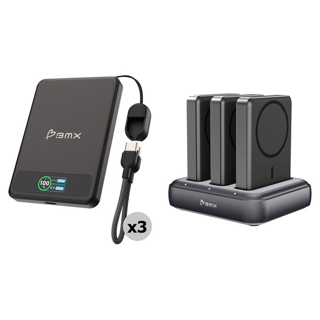 BMX SolidSafe Power Bank Magnético 5000mAh Negro 3 unidades con Base de Carga 3 puertos 20W Total