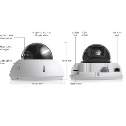 Ubiquiti UniFi G6 Pro Cámara Exterior Dome 4K UHD 3840x2160 30fps visión nocturna 131'