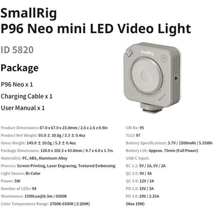 SmallRig P96 Neo mini luz LED bi-color para video 1590 Lux 2700-6500K Morandi Gray